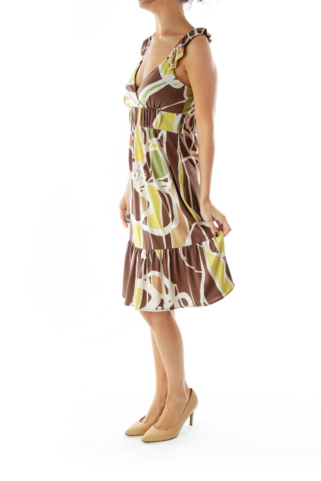 Brown Green Beige Ruffled Sleeveless Print Dress