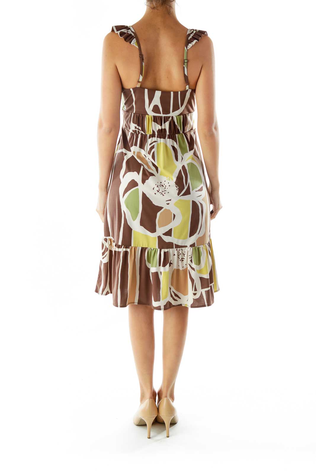 Brown Green Beige Ruffled Sleeveless Print Dress