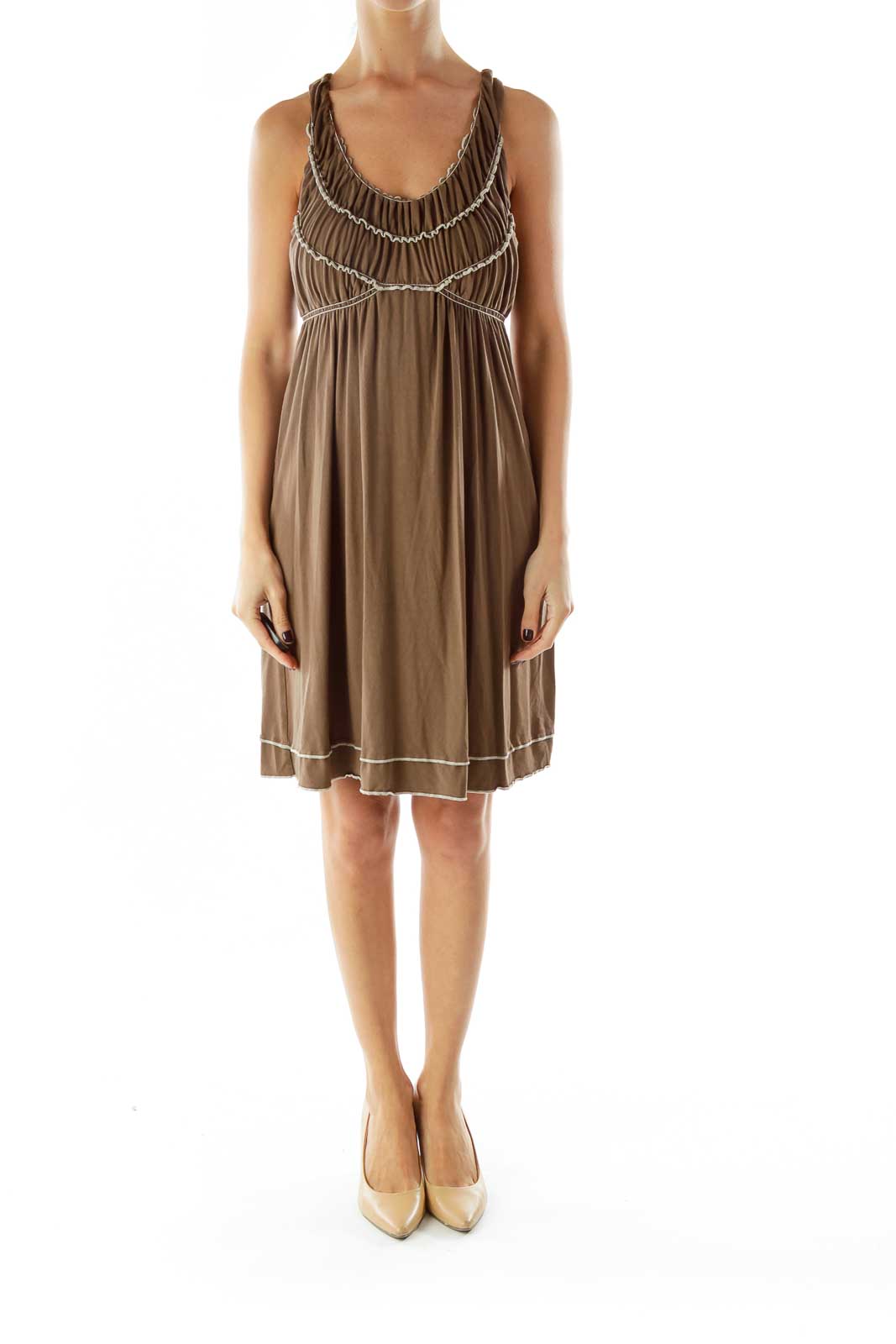 Brown Sleeveless Ruffled Day Dress