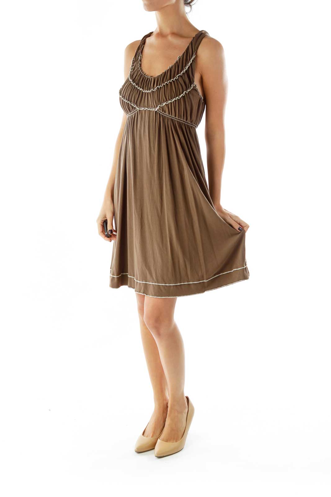 Brown Sleeveless Ruffled Day Dress