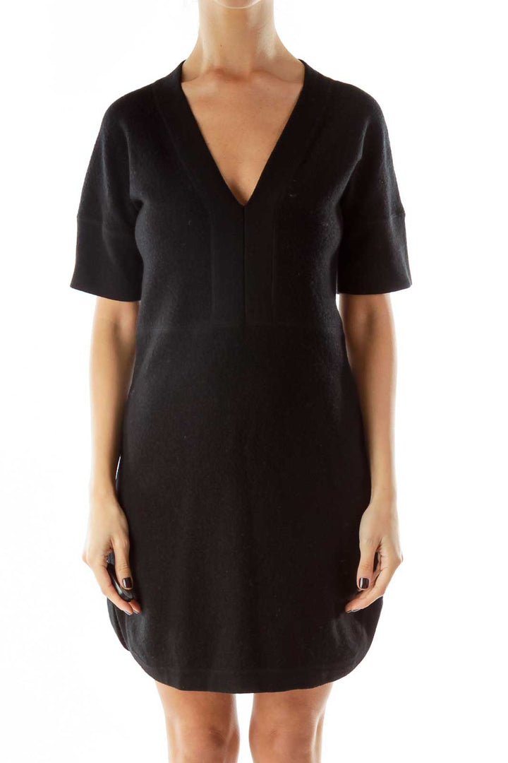 Black Wool Vneck Dress