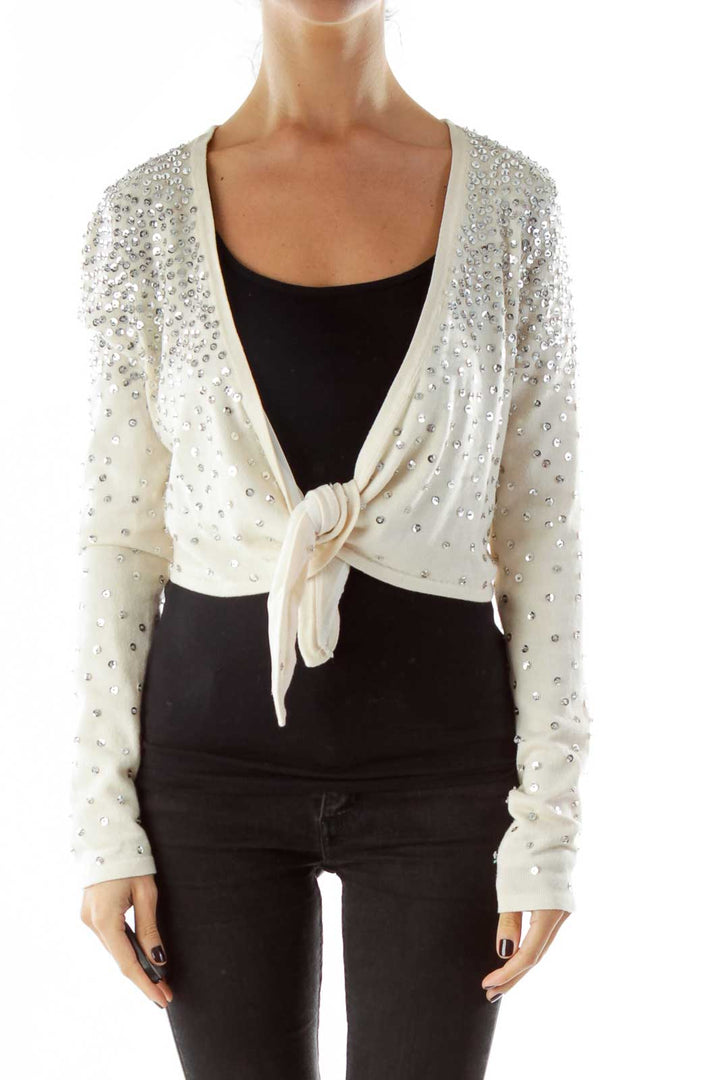 Cream Sequined Cropped Cardigan