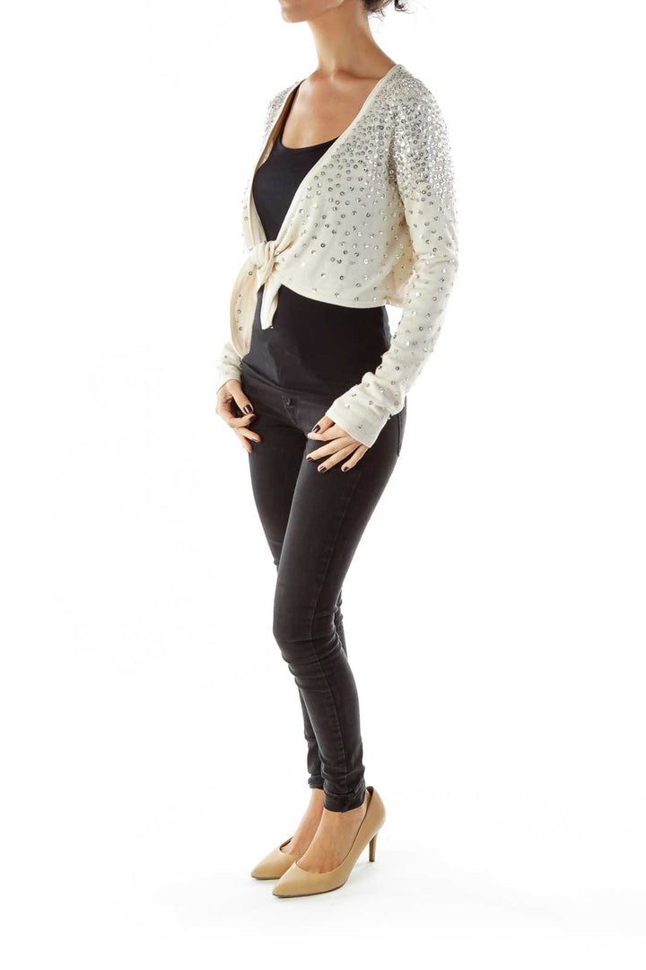 Cream Sequined Cropped Cardigan