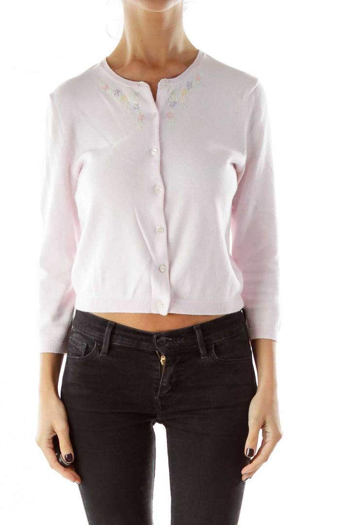 Pink Embroidered Cropped Cardigan