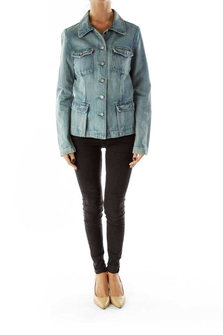 Blue Pocketed Buttoned Jacket