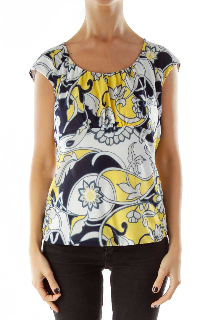 Blue Beige Yellow Petite Print Sleeveless Blouse