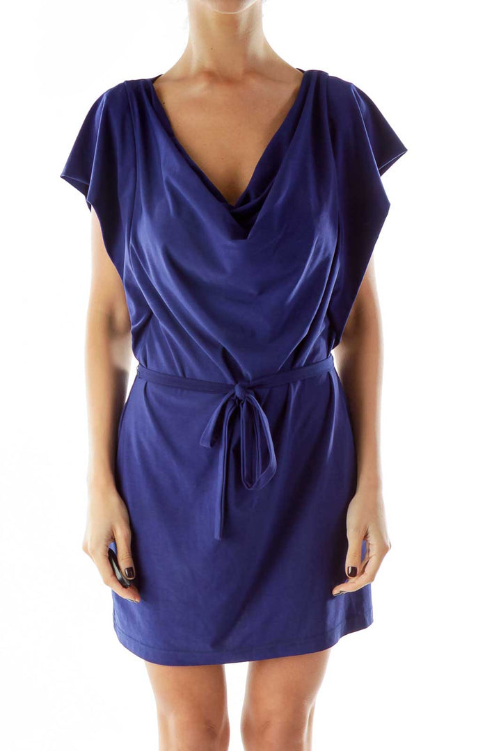 Navy Belted Bat-Sleeve Dress