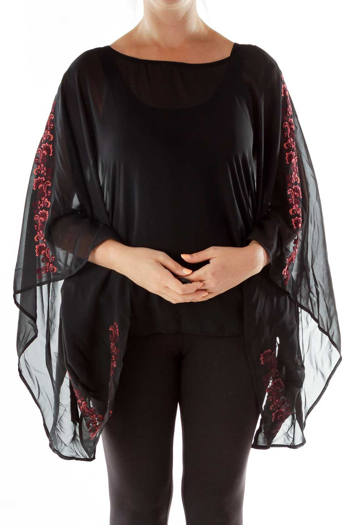 Black Pink Embroidered Poncho