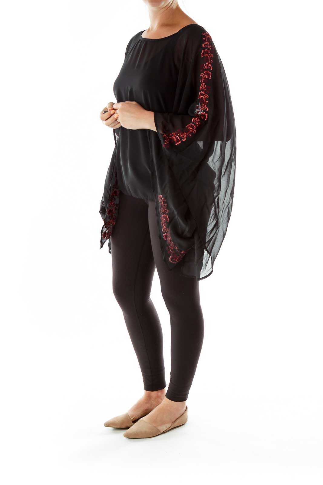 Black Pink Embroidered Poncho