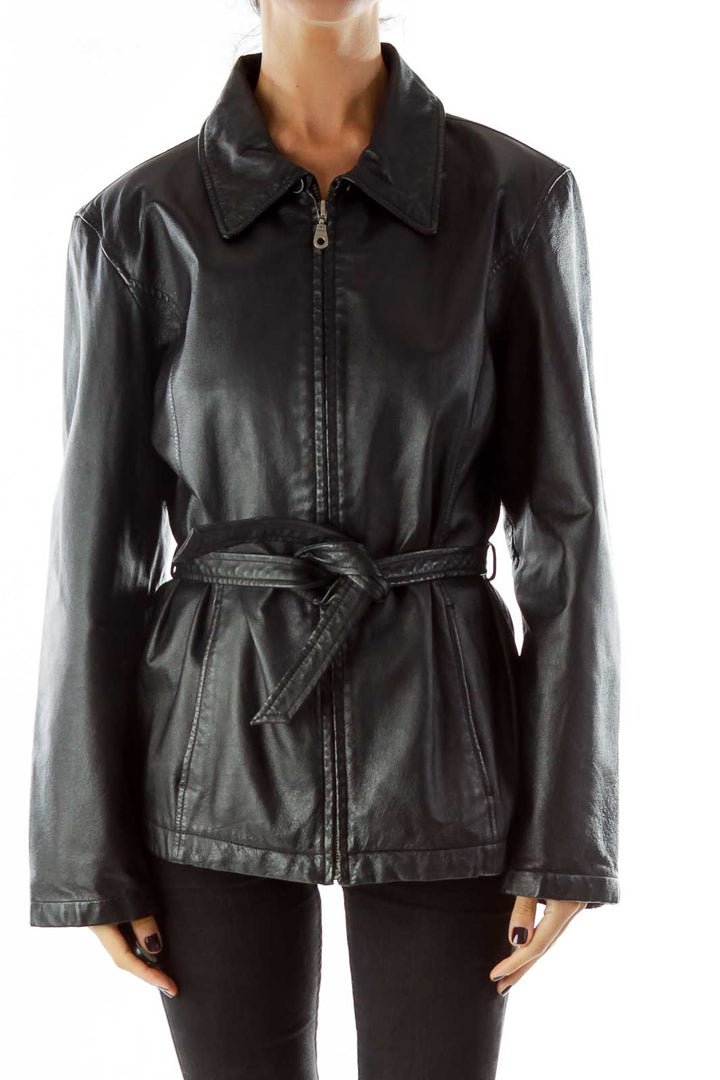 Black Belted Genuine Leather Jacket