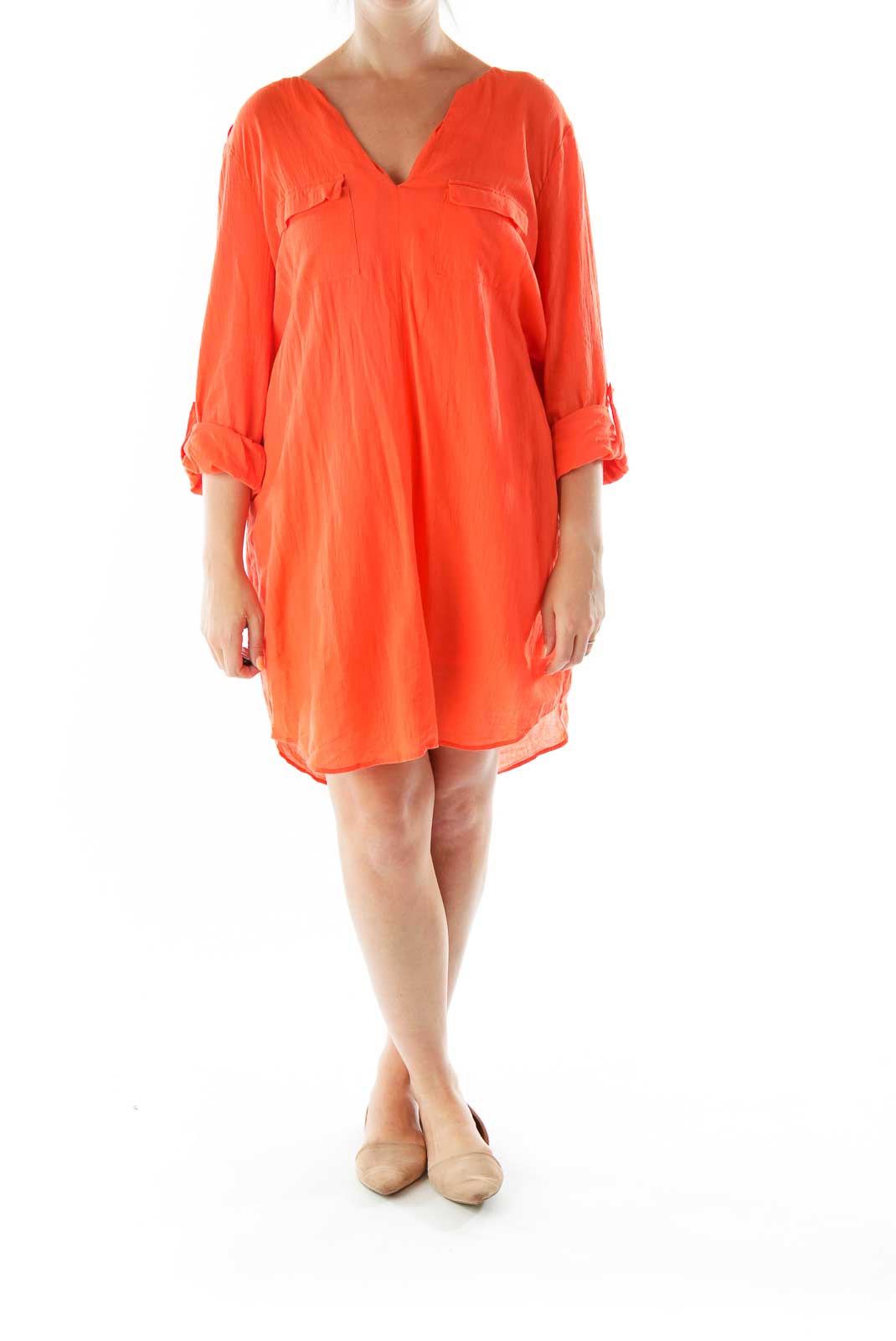 Orange Buttoned Collared Shirt Dress