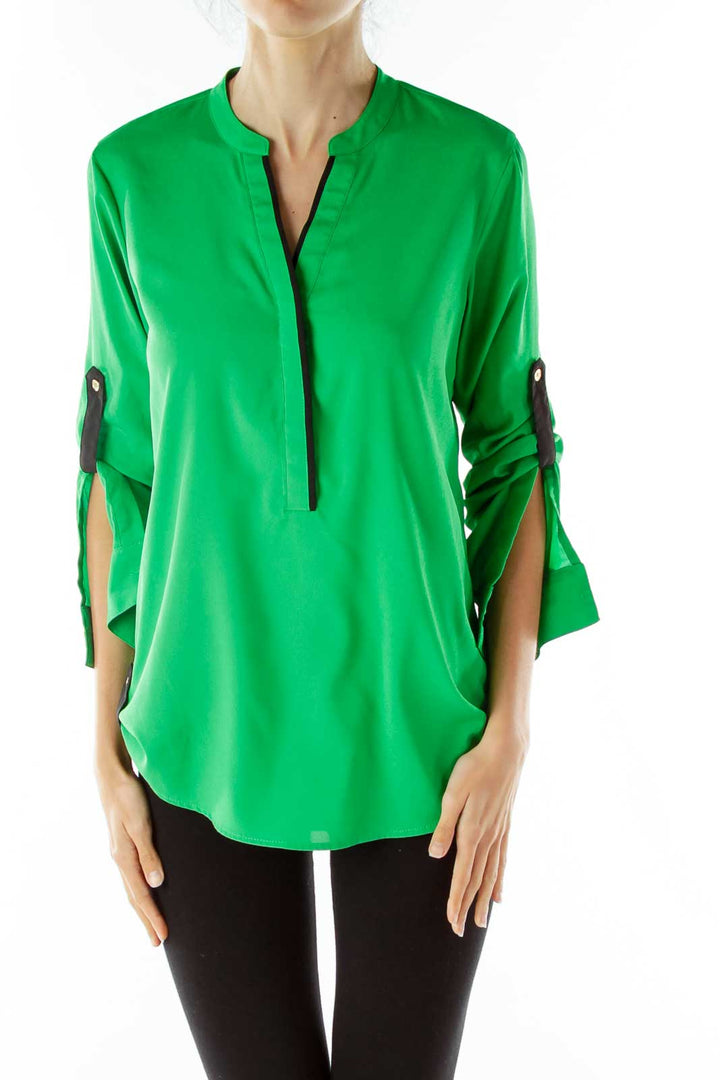 Green Black V-Neck Gold Buttons Blouse