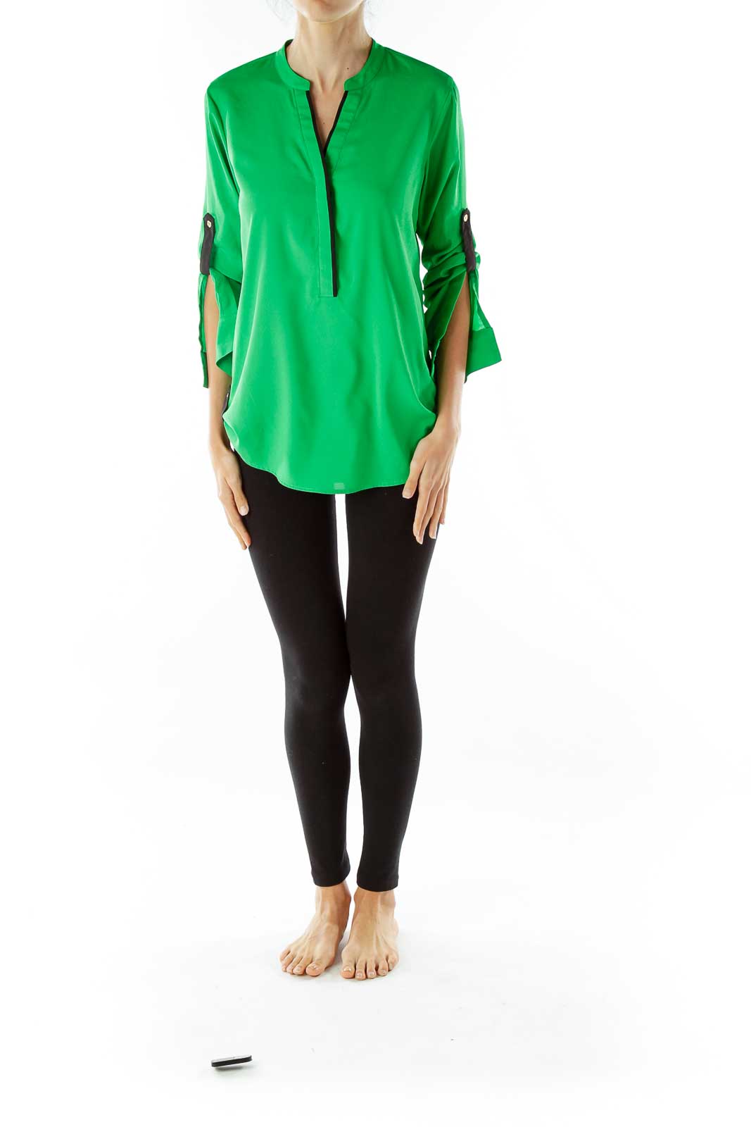 Green Black V-Neck Gold Buttons Blouse