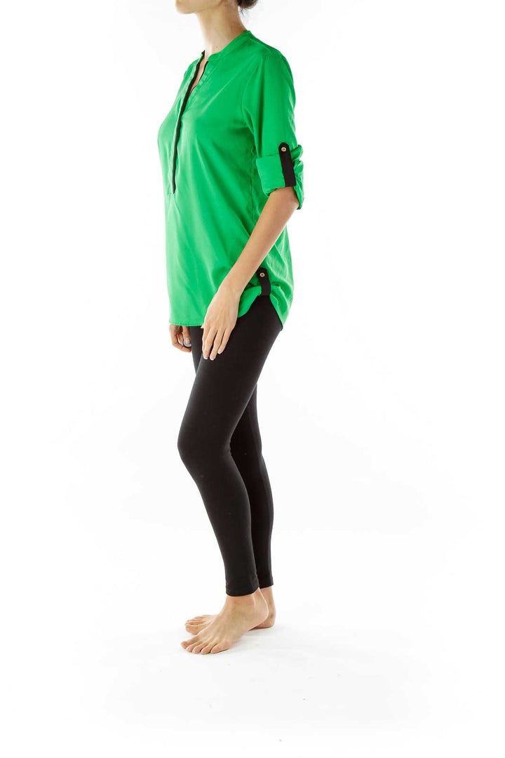 Green Black V-Neck Gold Buttons Blouse