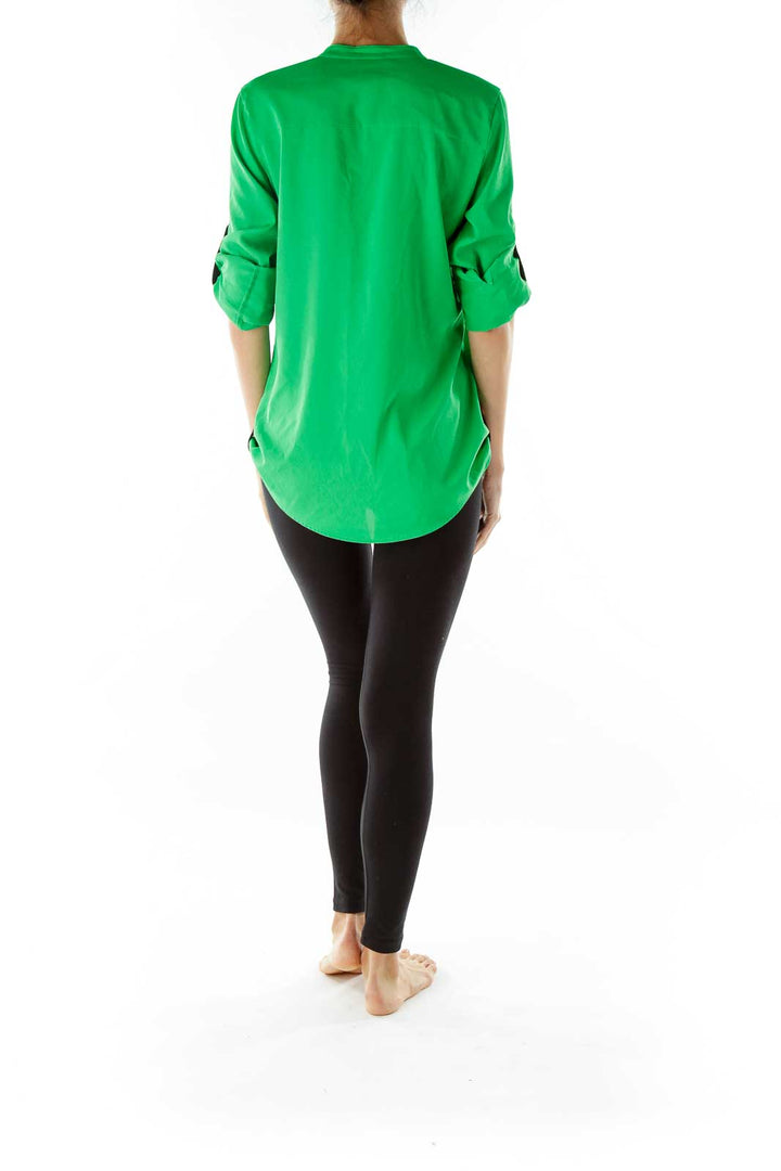 Green Black V-Neck Gold Buttons Blouse