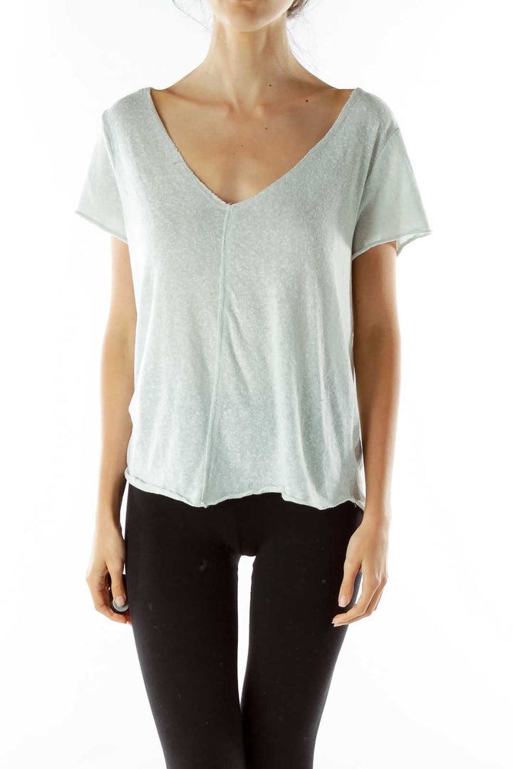 Green V-neck Knit T-shirt