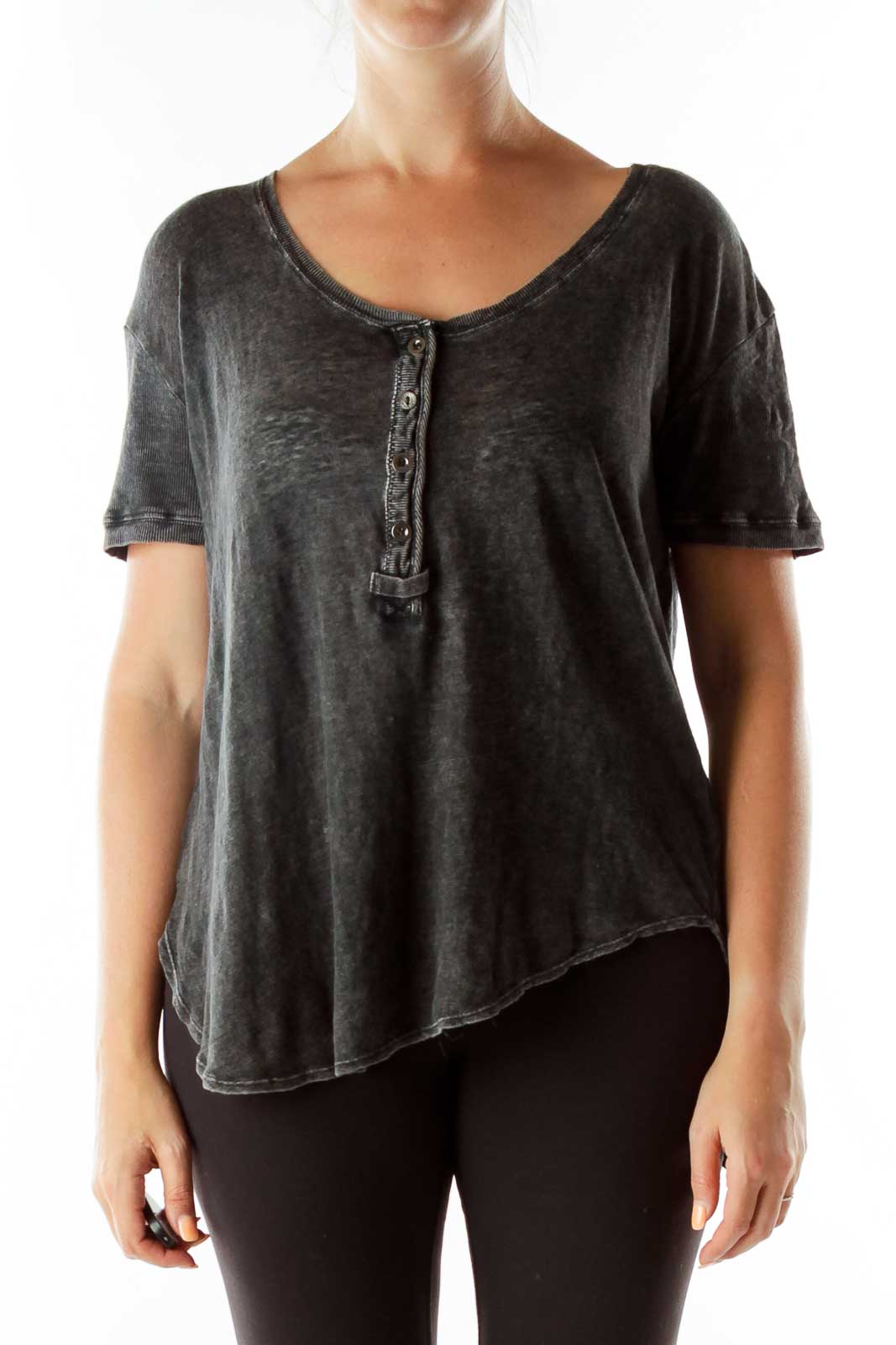 Front view of Free People Black Burnout Henley Top with scoop neck and button placket