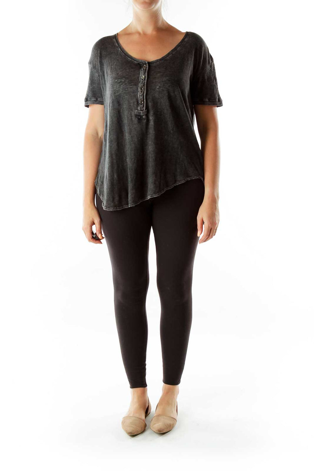 Front view of Free People Black Burnout Henley Top with scoop neck and button placket