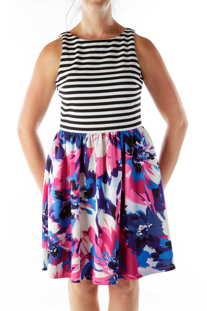 Multicolor Striped Floral Cocktail Dress