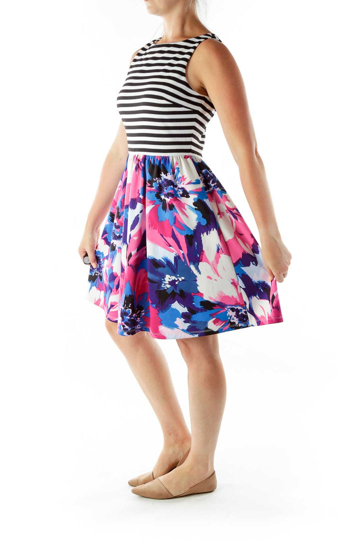 Multicolor Striped Floral Cocktail Dress