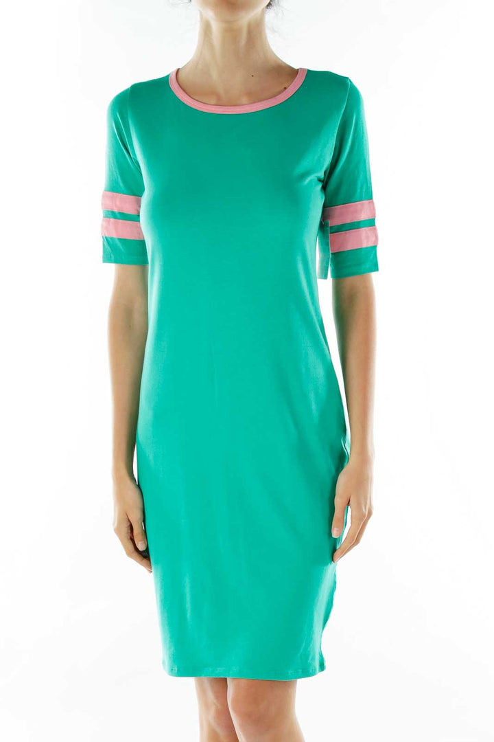 Green Pink Jersey Knit Midi Dress