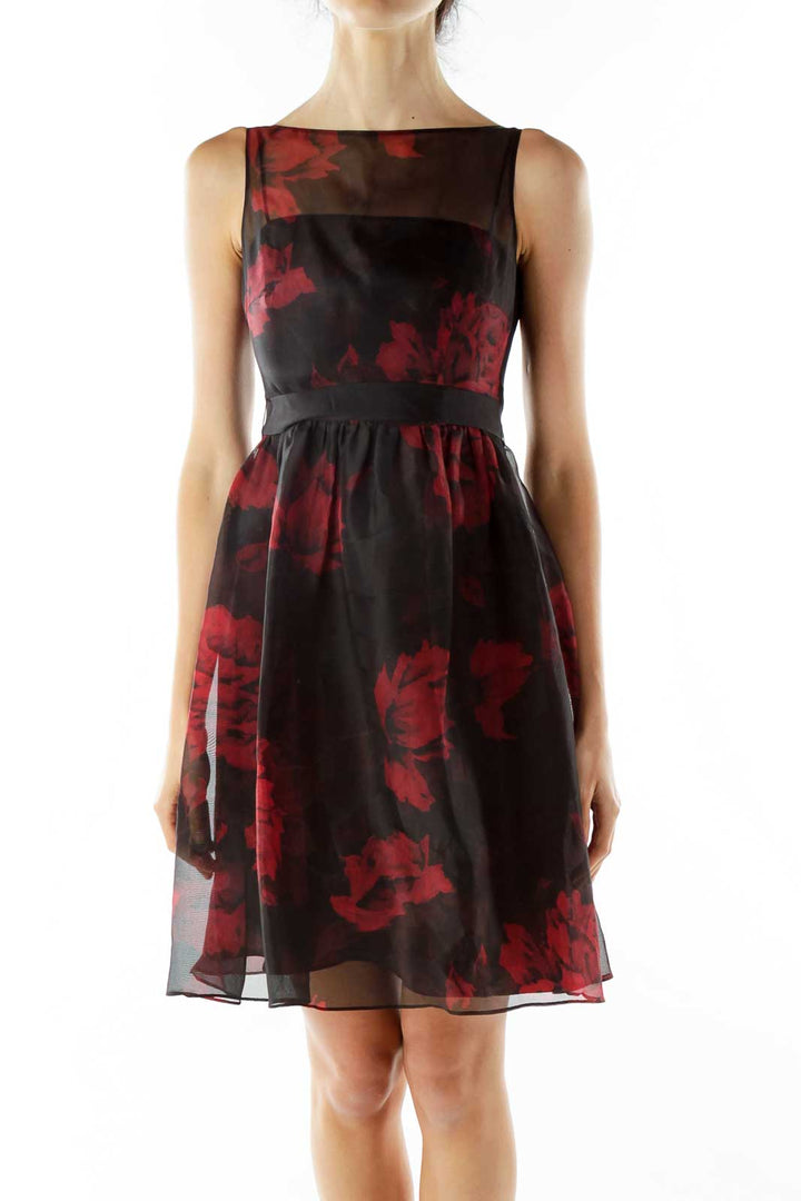 Black Red Flower Print Cocktail Dress
