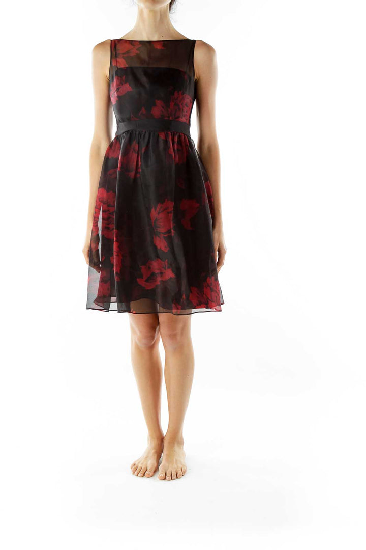 Black Red Flower Print Cocktail Dress