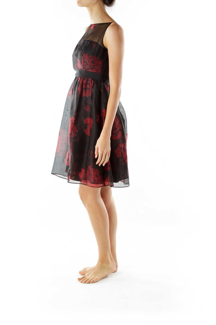 Black Red Flower Print Cocktail Dress