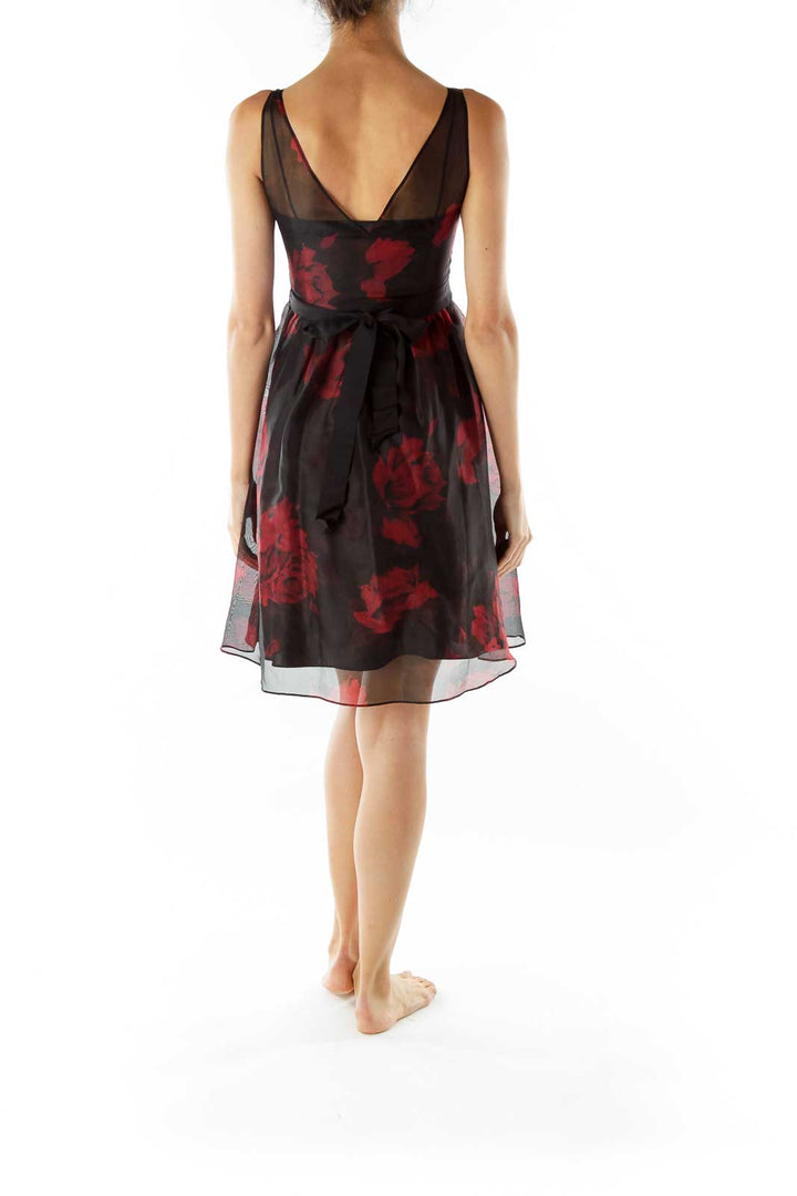 Black Red Flower Print Cocktail Dress