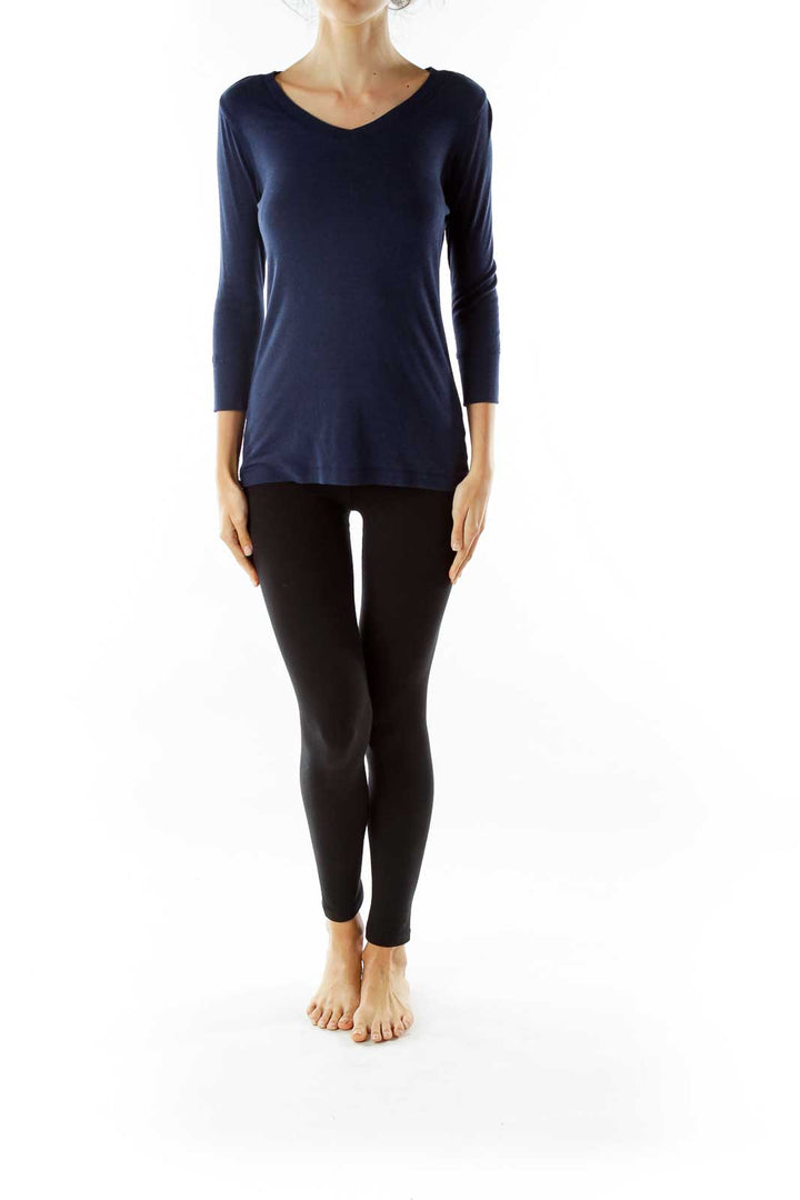 Navy V-Neck Long Sleeve Top