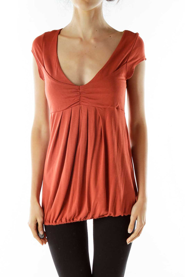 Orange Scrunched V-Neck Top