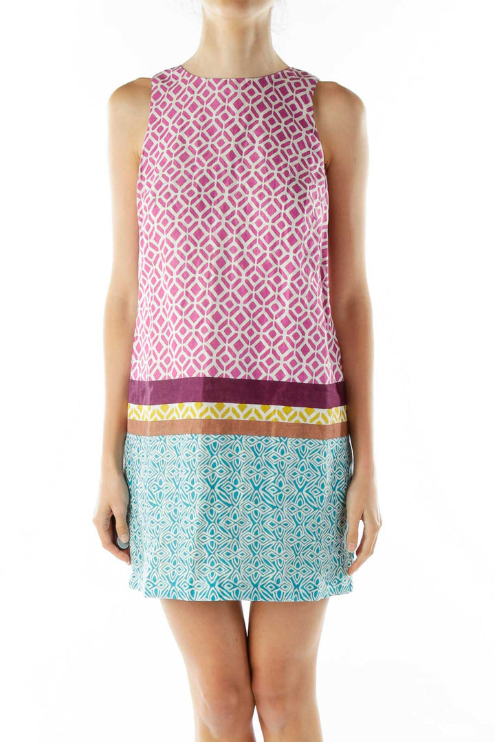 Purple Geometric Print Linen Dress