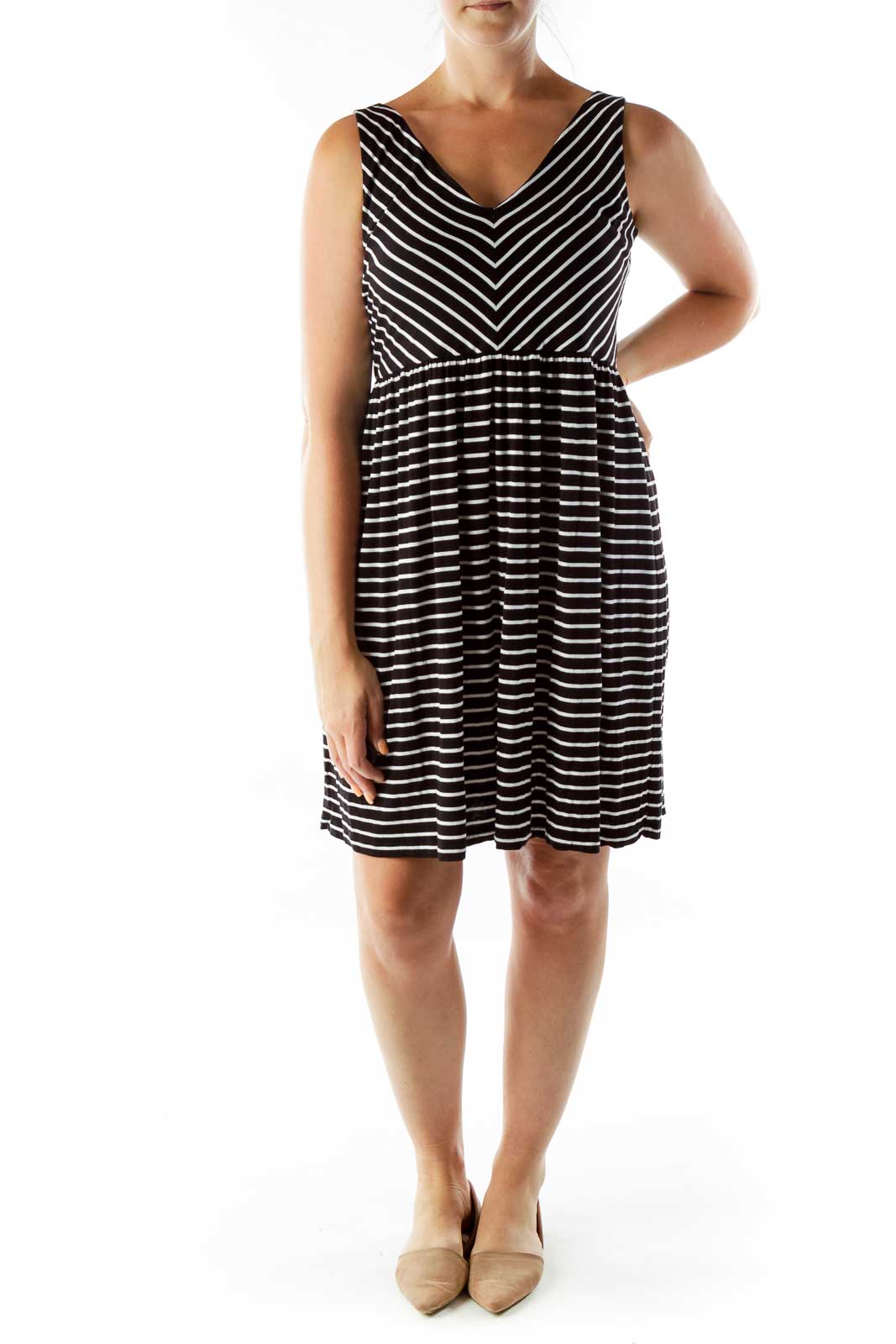 Black White Pinstripe V-neck Jersey Dress