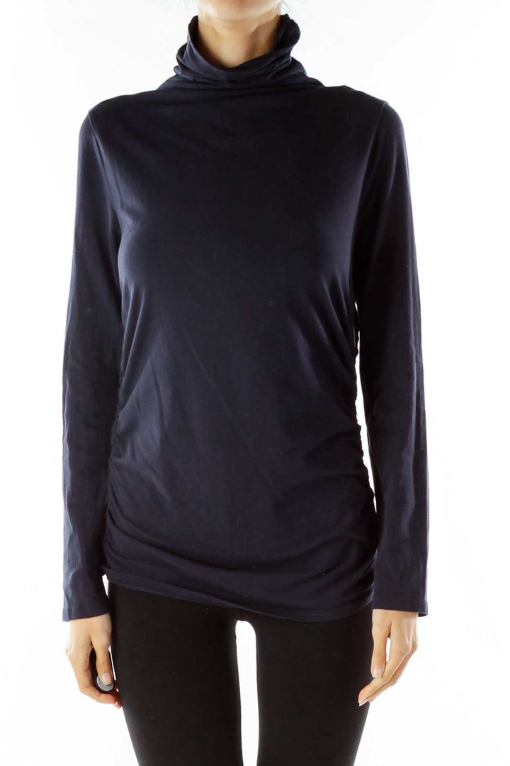 Navy Turtle Neck Zipper Scrunch Top