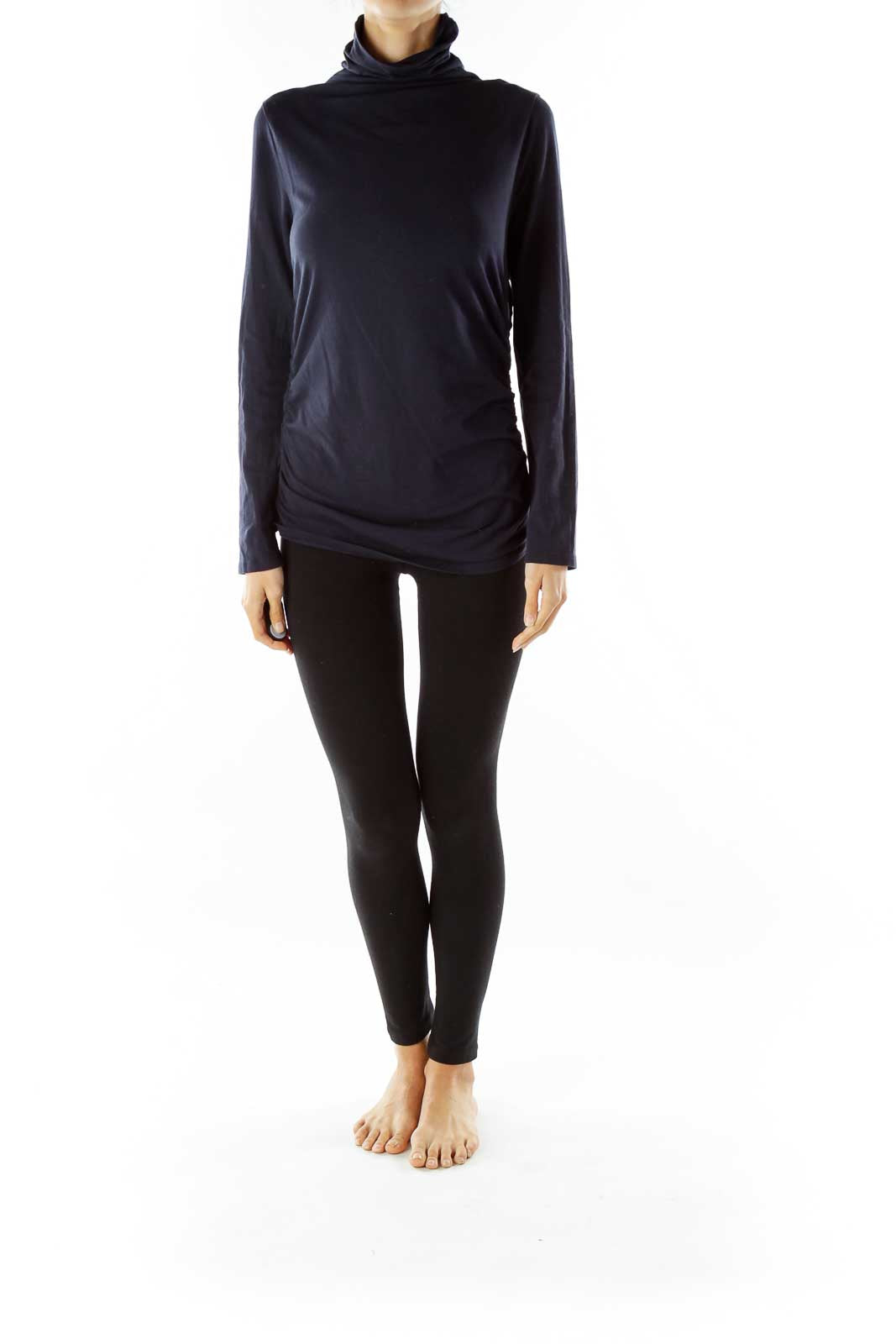 Navy Turtle Neck Zipper Scrunch Top