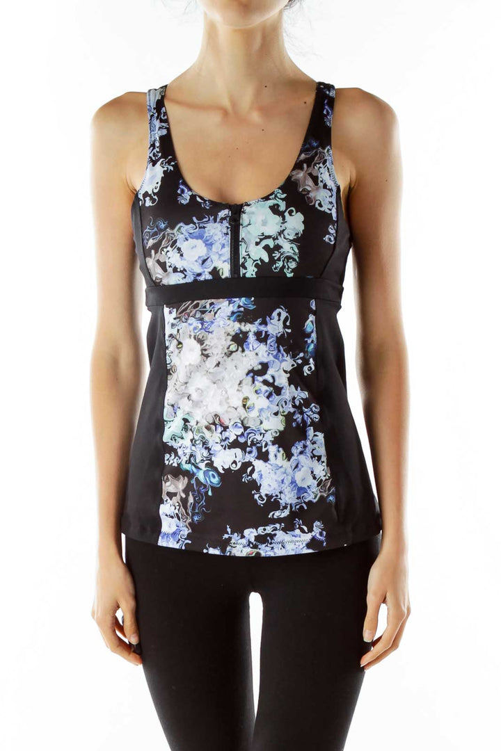 Black Flower Print Yoga Top