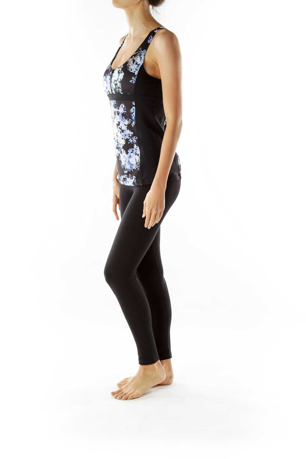 Black Flower Print Yoga Top