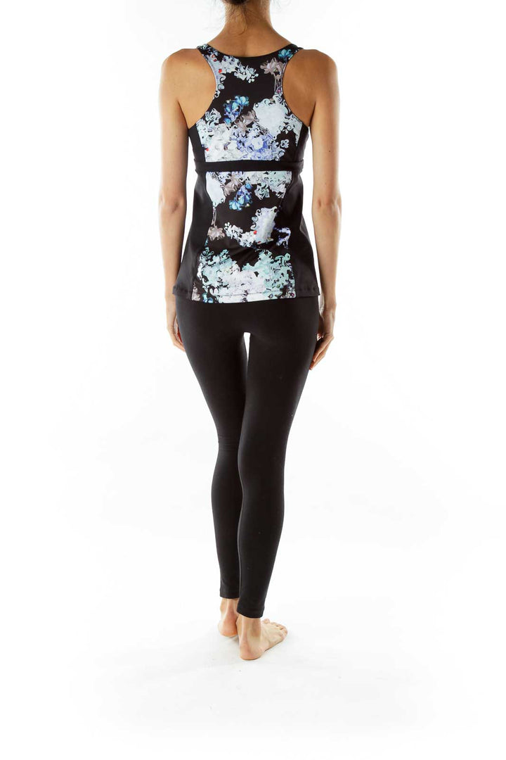 Black Flower Print Yoga Top