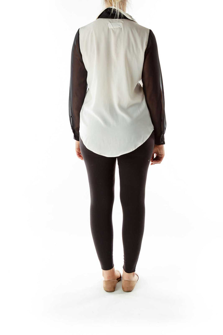 Cream Black Beaded Collar Sheer Shirt