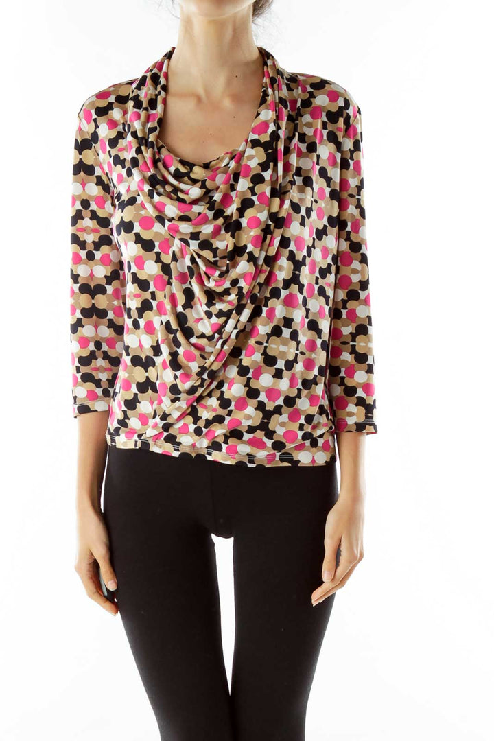 Pink Black Print Cowl Neck Top