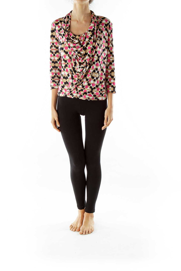 Pink Black Print Cowl Neck Top