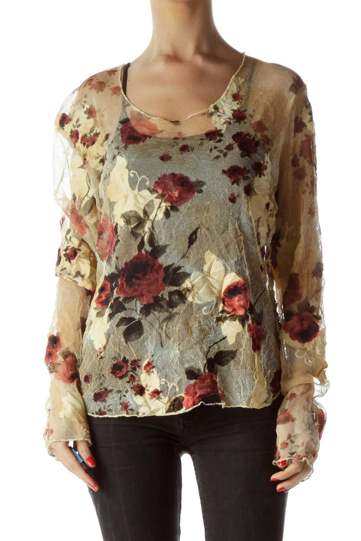 Beige Burgundy Floral Print Lace Long-Sleeve Top