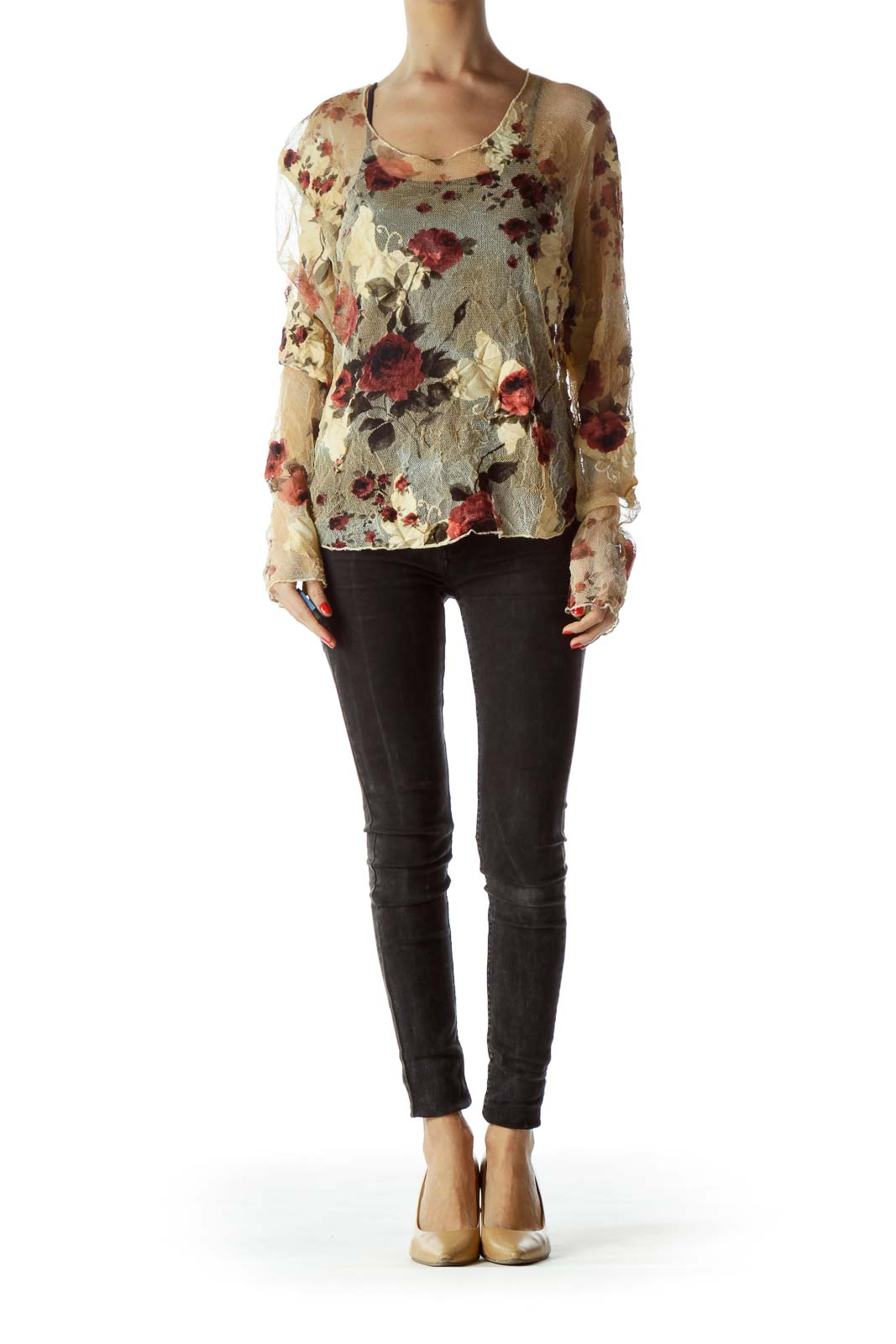 Beige Burgundy Floral Print Lace Long-Sleeve Top