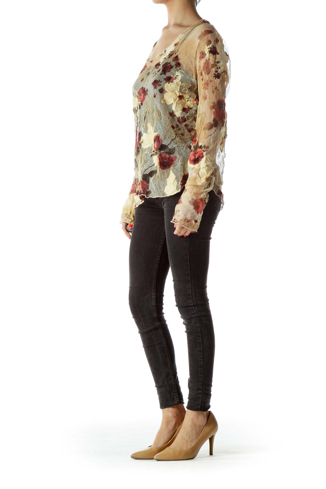 Beige Burgundy Floral Print Lace Long-Sleeve Top