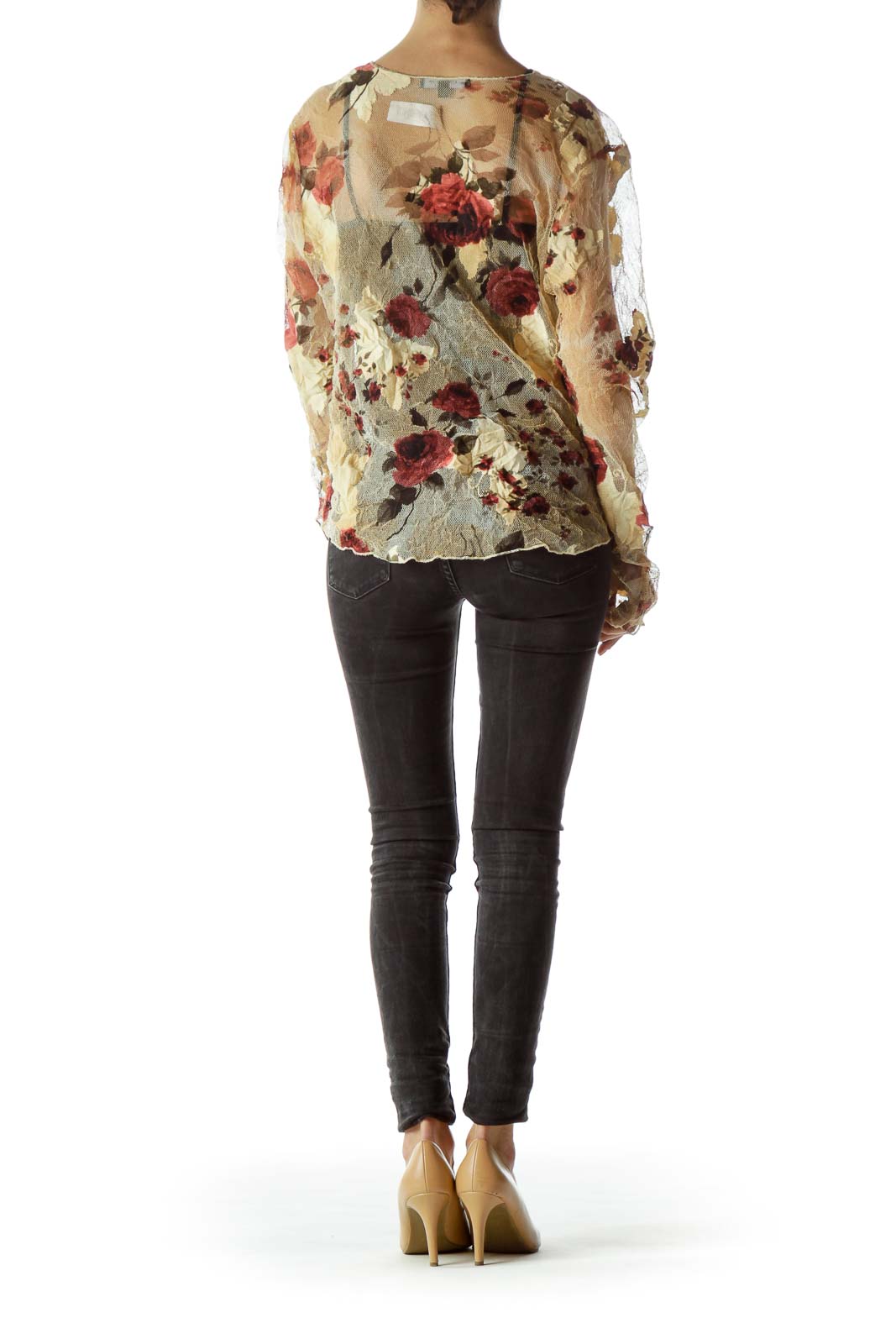 Beige Burgundy Floral Print Lace Long-Sleeve Top