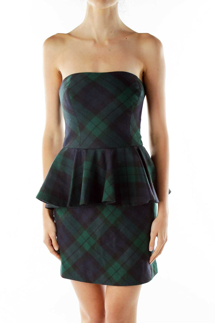 Green Plaid Peplum Cocktail Dress