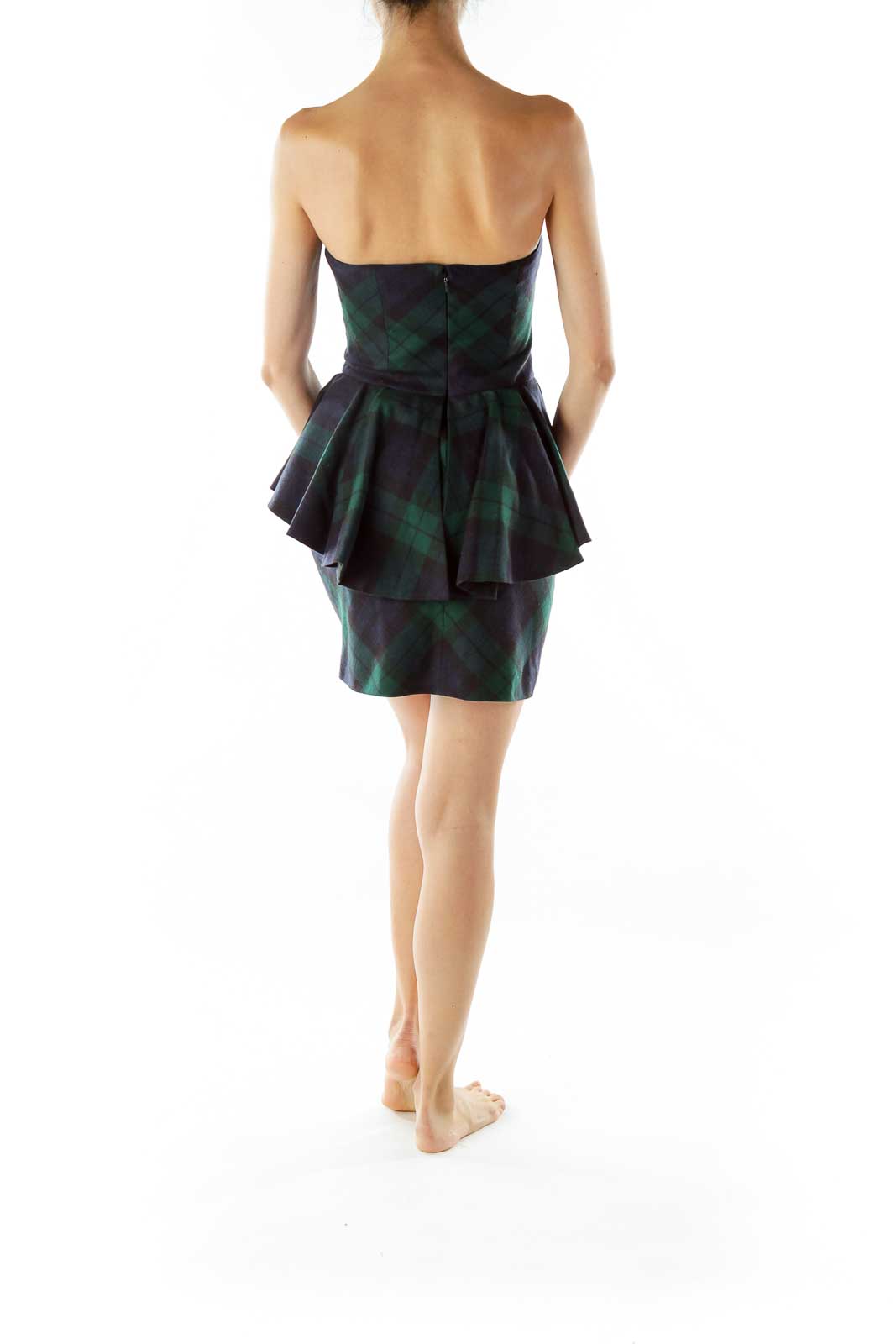 Green Plaid Peplum Cocktail Dress