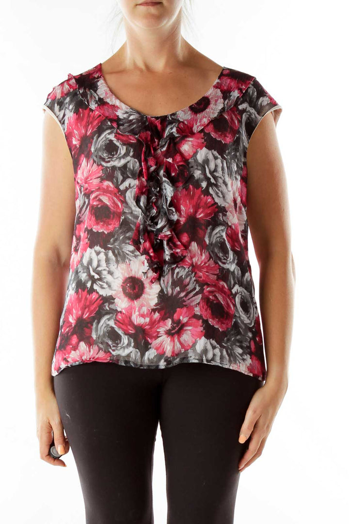 Pink Black Silk Print Blouse