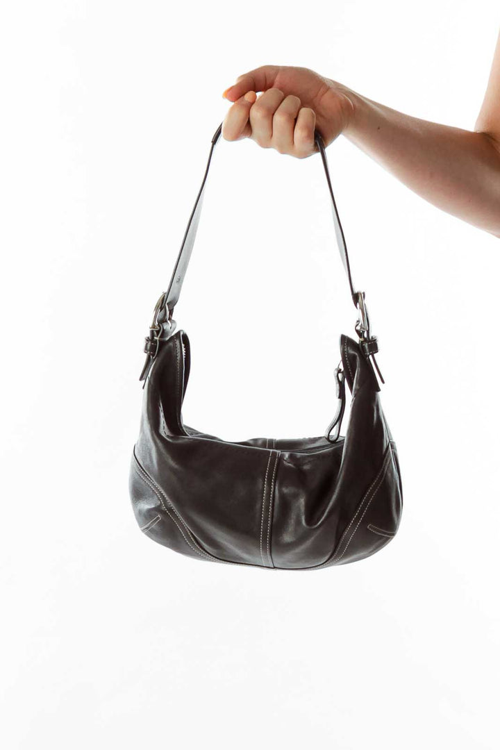 Black Stitched Leather Shoulder Bag