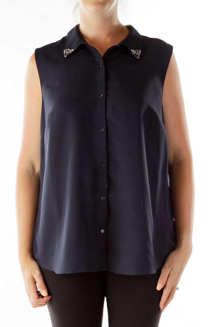 Navy Beaded Collar Sleeveless Shirt